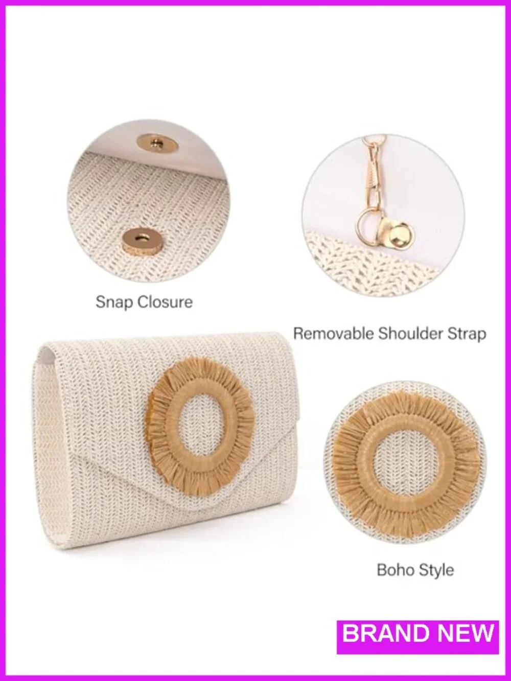 Woven Straw Clutch Purse with Detachable Chain Crossbody Shoulder Bag for Women